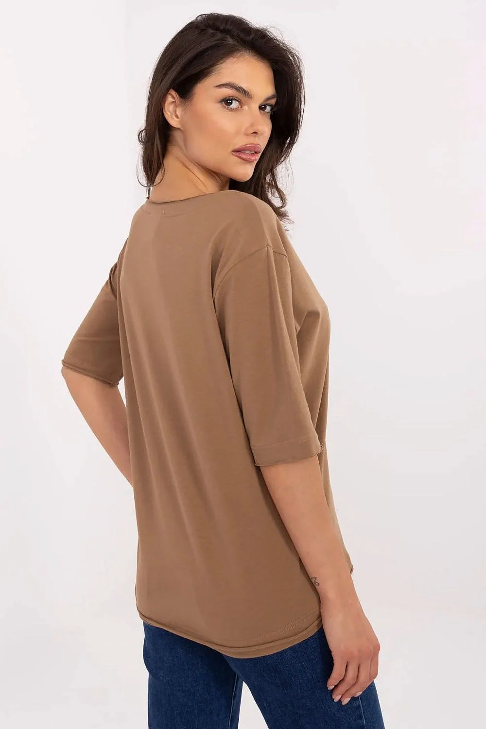 T-shirt femme décontracté moderne imprimé rose dorée marron clair manches courtes encolure légèrement dégagée