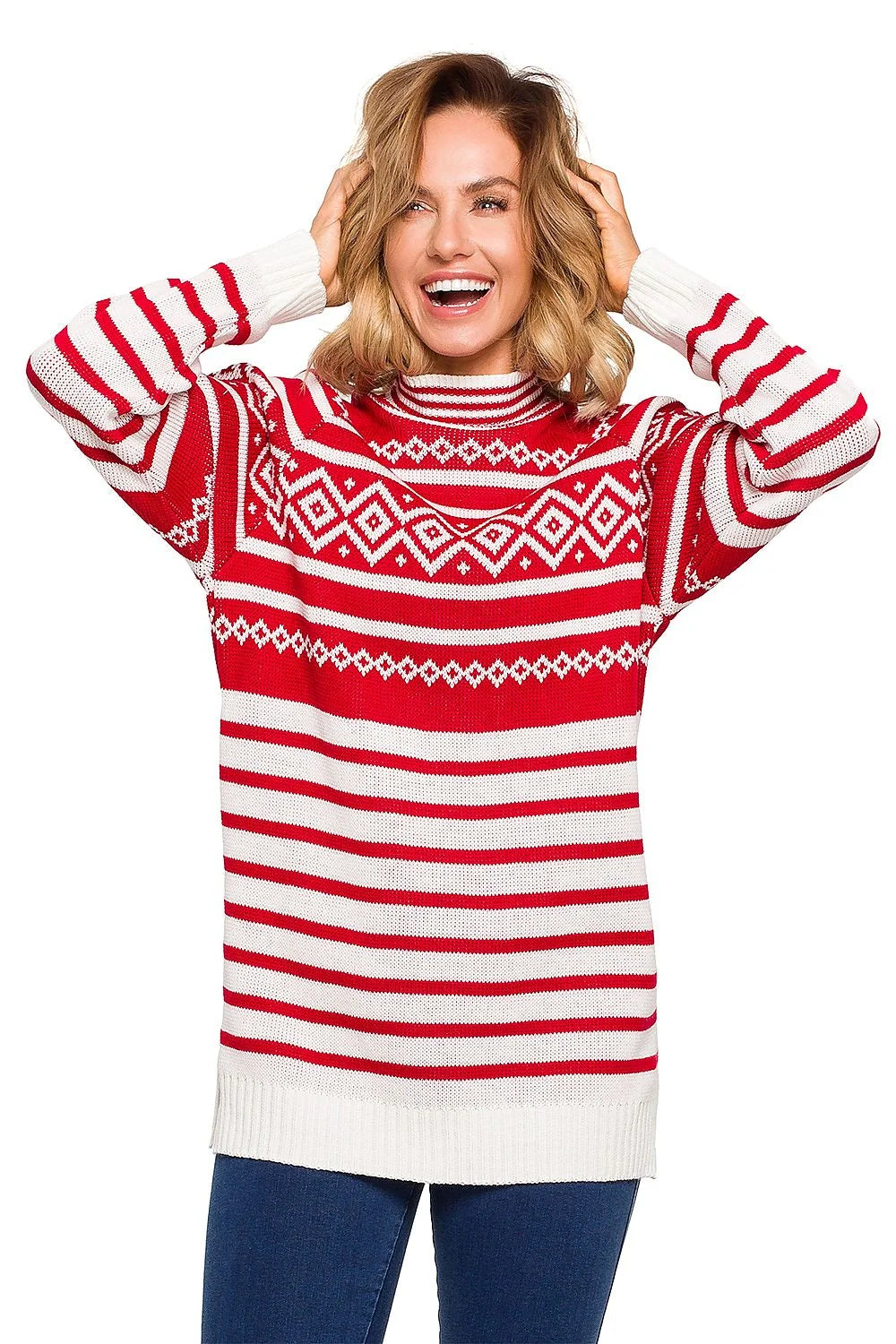 Pull en maille confortable ample motifs géométriques rose blanc col rond hiver pour femmes