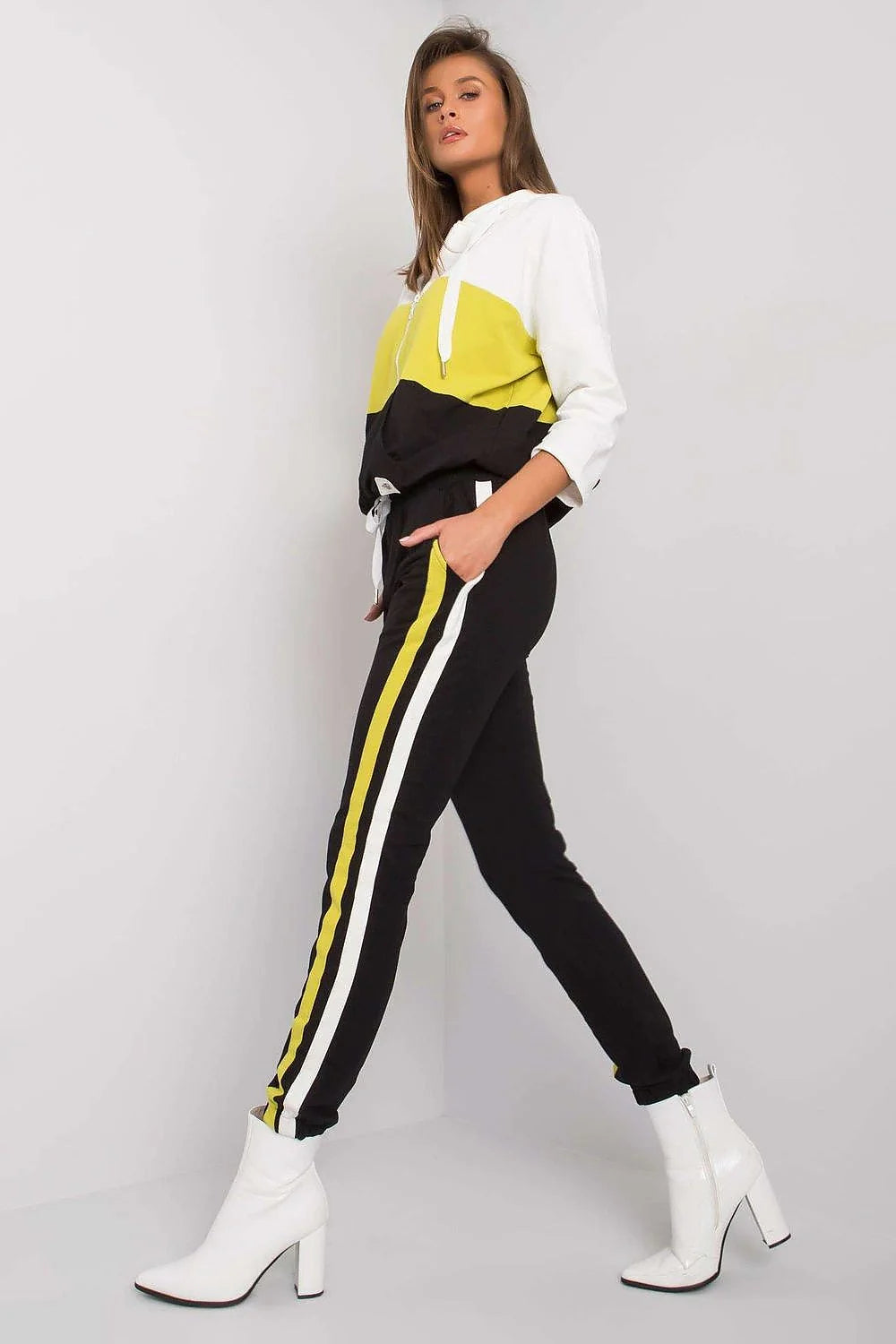 Ensemble survêtement coton élasthanne gris foncé blanc moderne décontracté sweat-shirt manches longues pantalon jogging zip col montant confortable