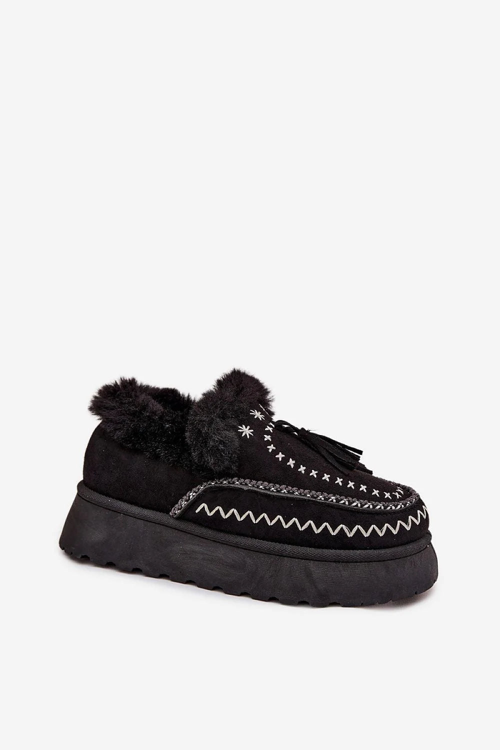 bottes neige femme suédine écologique plateforme épaisse fourrure franges coutures décoratives pompons antidérapante semelle crantée cheville rembourrée chaude confortable stylée