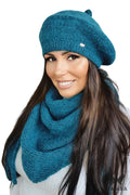 Béret et écharpe coordonnés style parisien en laine mérinos bleu canard profond pour femme automne hiver