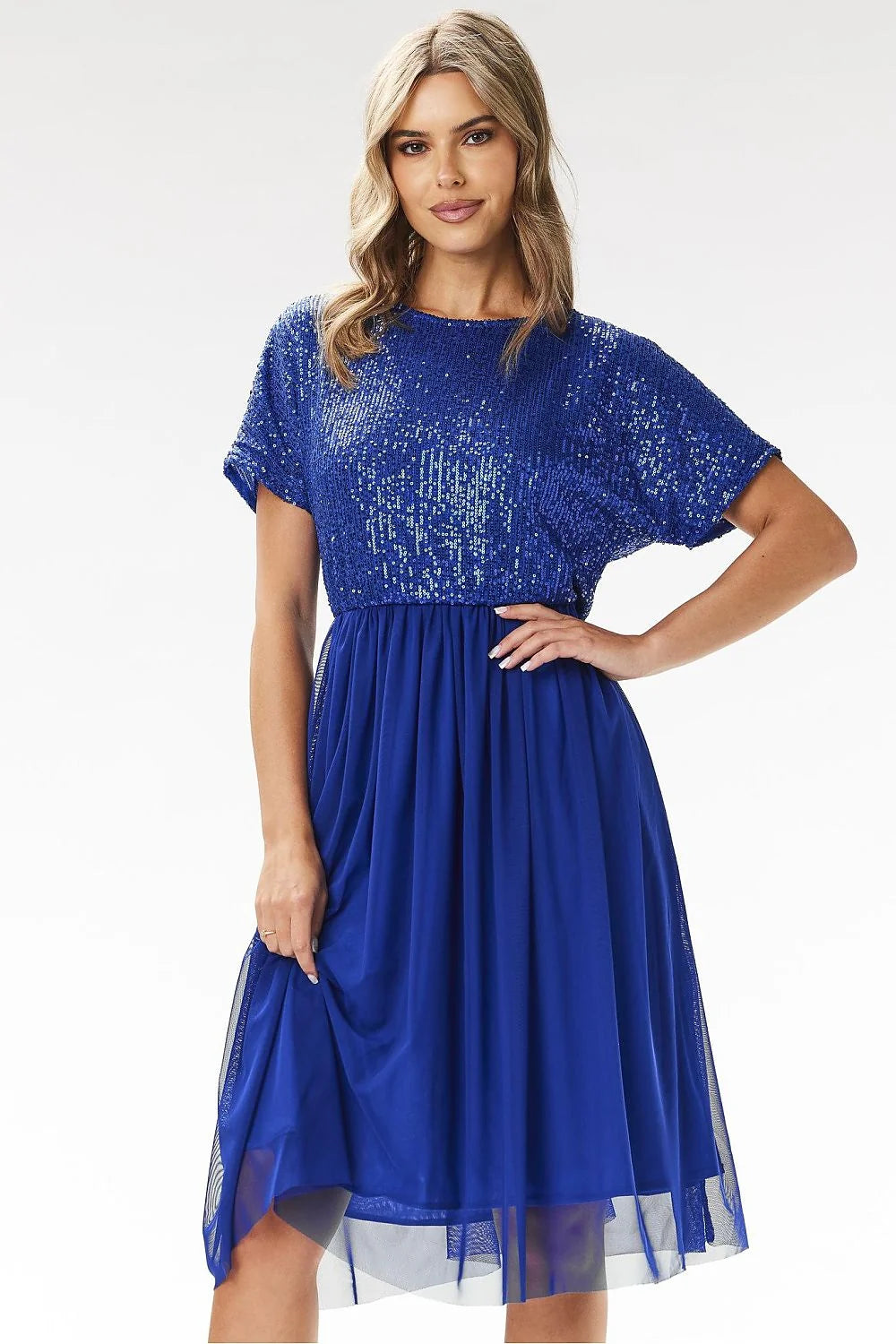 Robe de soirée élégante couleur bleue sequins tulle manches courtes encolure ronde A-line midi femme Awama Polonaise