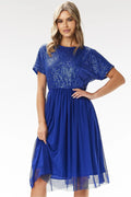 Robe de soirée élégante couleur bleue sequins tulle manches courtes encolure ronde A-line midi femme Awama Polonaise