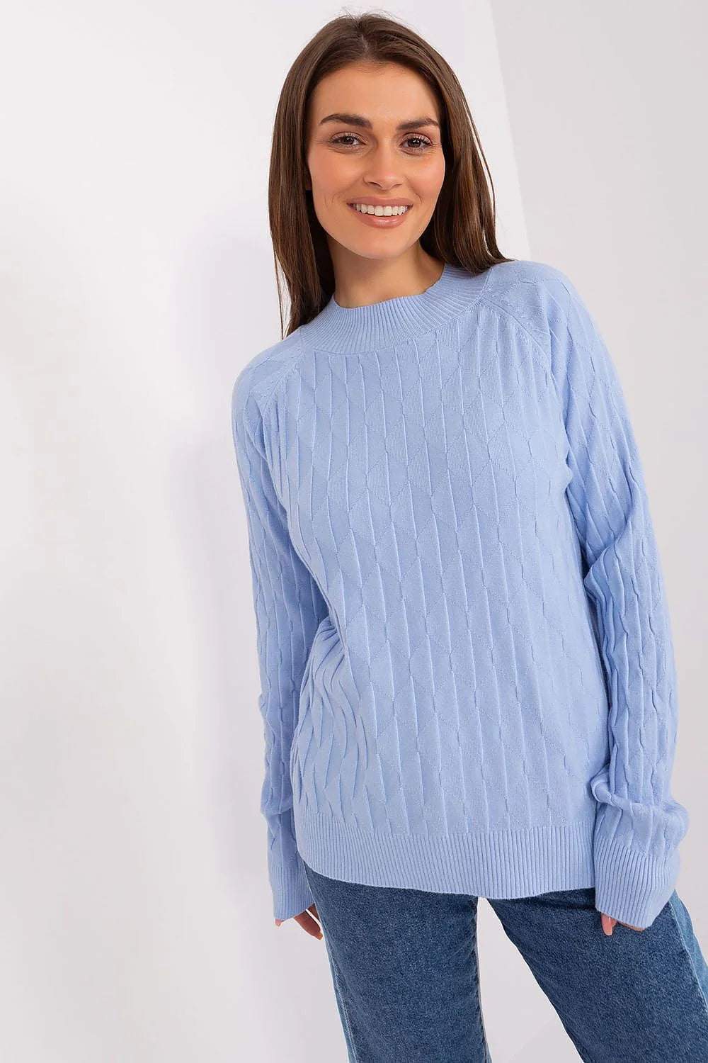 Pull femme manches longues en tricot texture torsadée bleu pâle encolure ronde ajusté confort durable