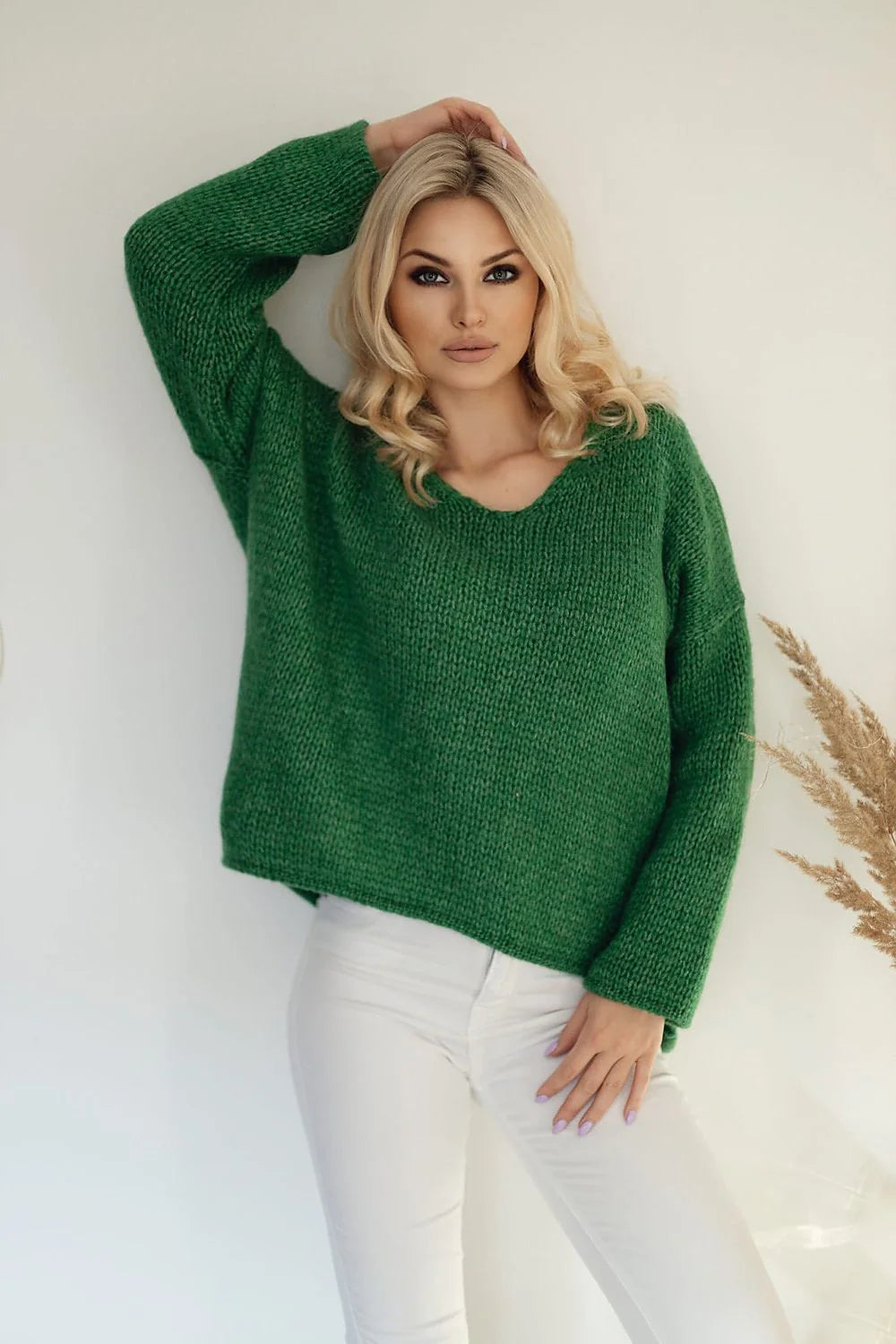 Pull en tricot vert vif oversize pour femme, manches longues, confort automne-hiver élégant