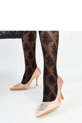 escarpins talons aiguilles satin beige zircons clemente bout pointu confort élégant sophistiqué soirée ete collants résille noirs motif baroque dentelle