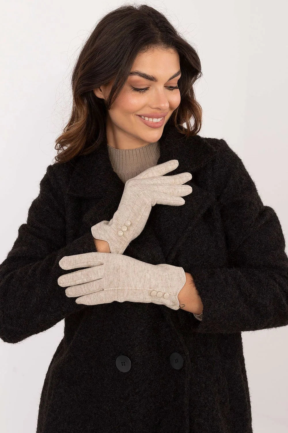 Gants élégants pour femme en beige clair, tricot, boutons décoratifs, style intemporel, idéal pour l'automne-hiver, manches longues, doux, confortable, cadeau inclut