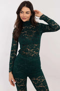 ensemble femme dentelle verte florale ajourée transparente col montant manches longues pantalon moulant taille haute bords festonnés sexy élégant chic