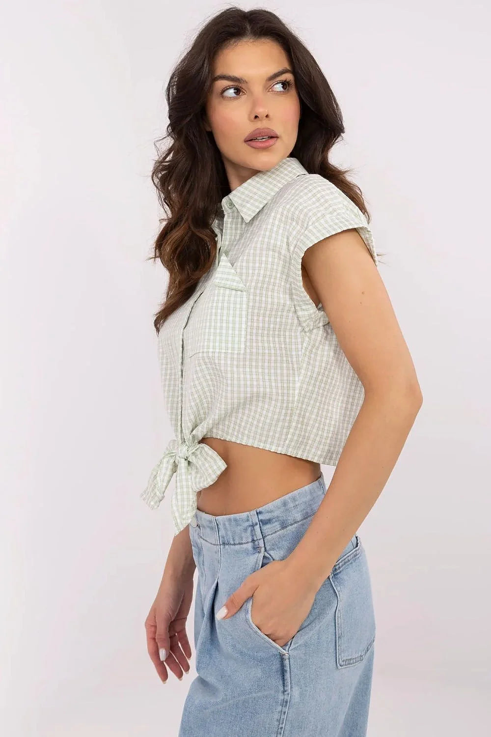 Chemisier femme cropped manches courtes nœud carreaux été mode élégant confortable coton polyuréthane taille ajustable