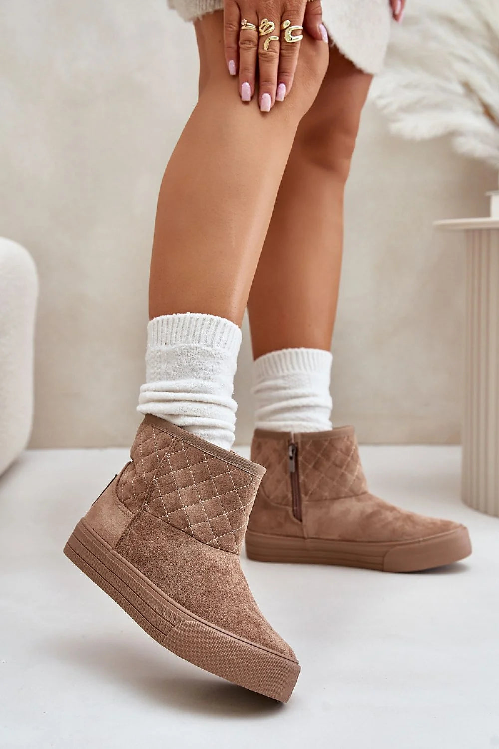 Bottes de neige pour femmes Step in style design moderne beige camel suédine matelassé fermeture éclair fourrure douce hauteur mi-mollet style casual hiver