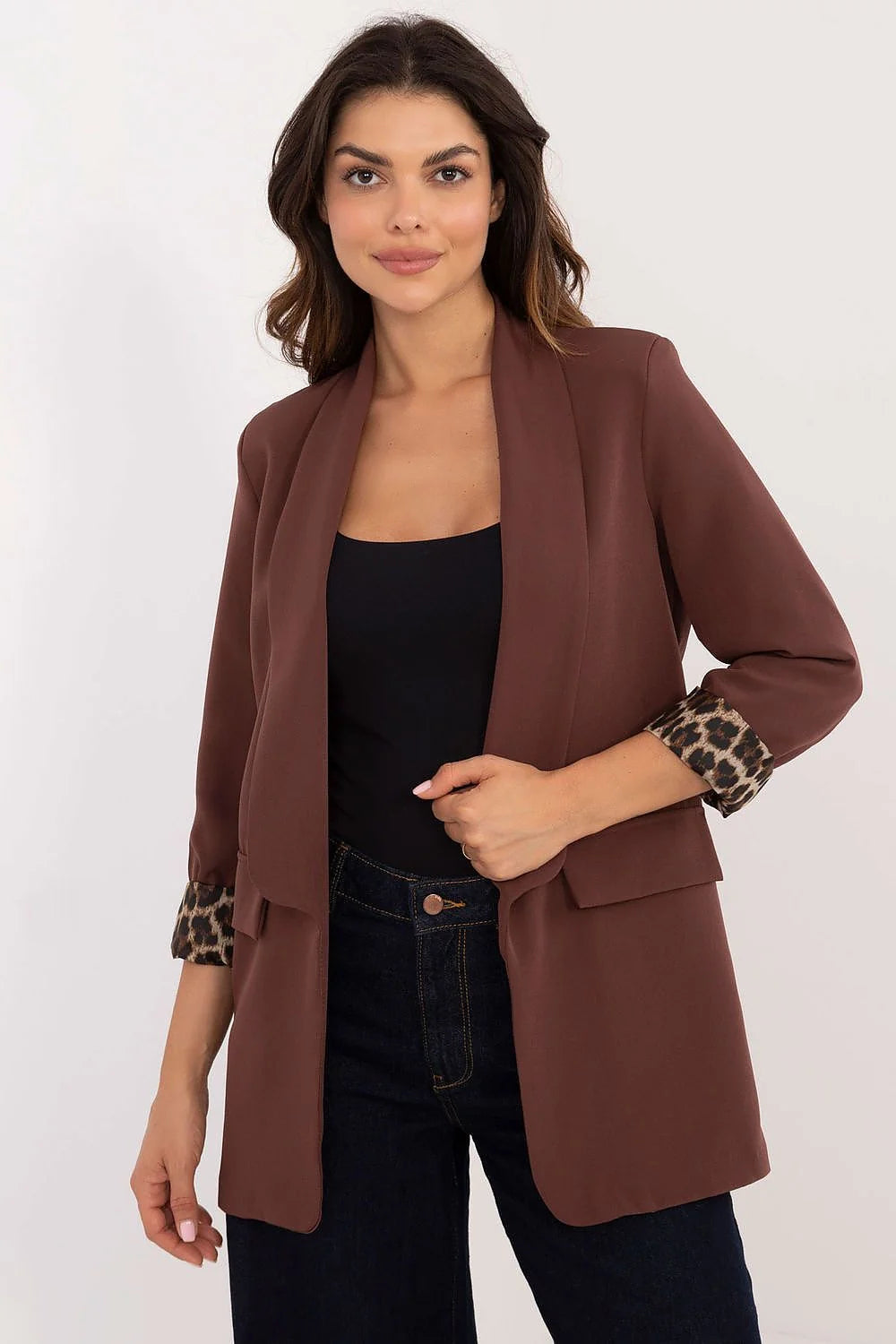 Veste élégante pour femme style décontracté manches longues couleur brun chocolat imprimé léopard doublée polyester polyvalente automne hiver printemps