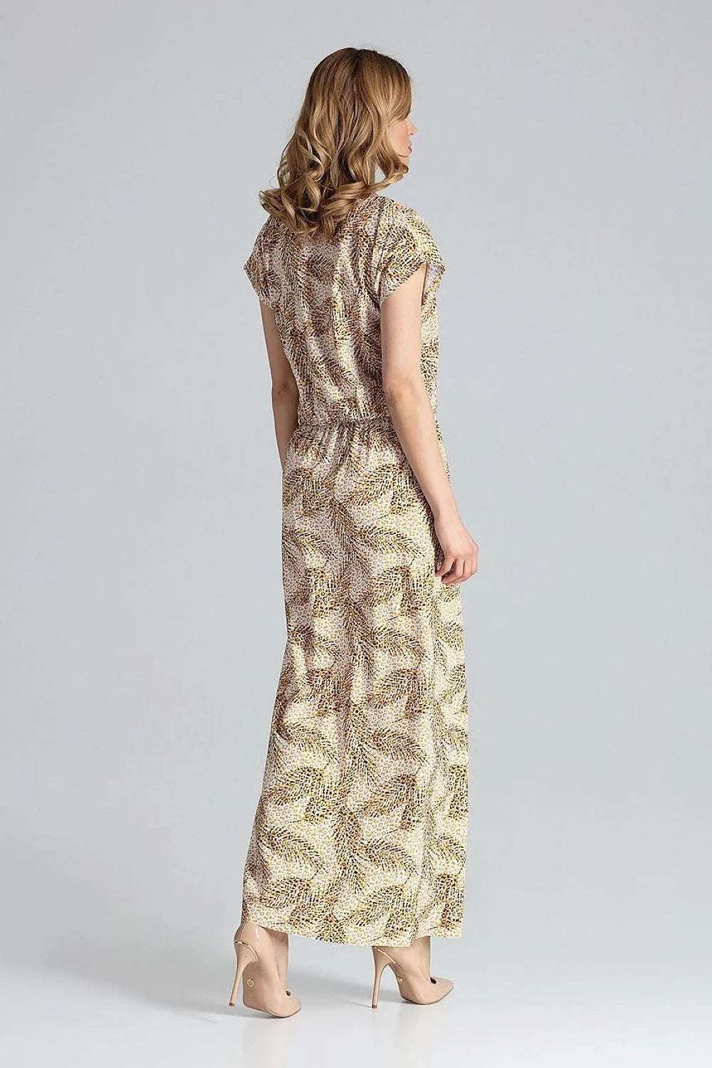 Robe élégante pour femme longue manches courtes décolleté V taille élastiquée motif animalier beige et marron