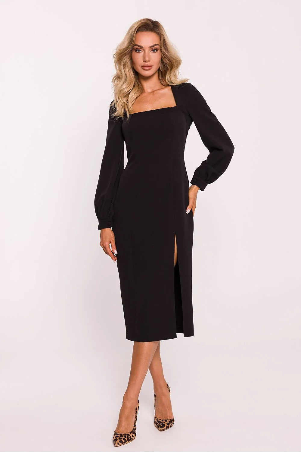 Robe de jour élégante longueur midi manches longues col carré noire sans doublure femme
