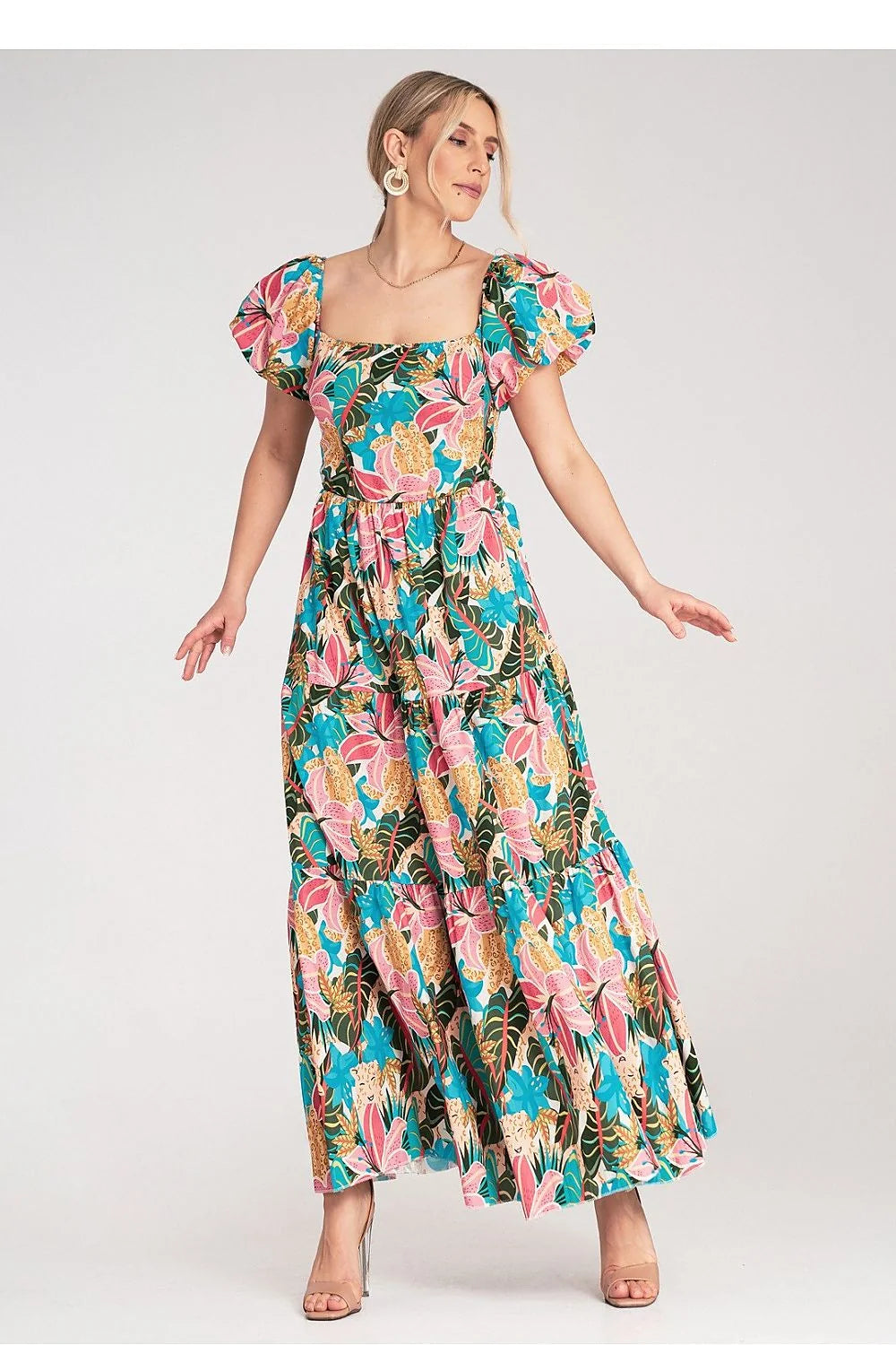 robe longue maxi femme bohème chic encolure carrée manches bouffantes manches ballon courtes tissu léger fluide imprimé tropical floral multicolore