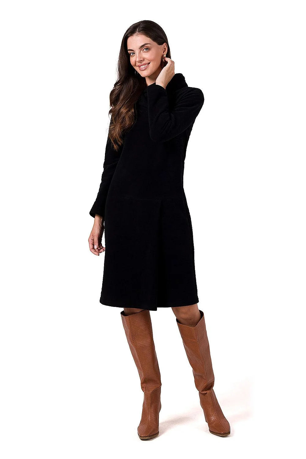 Robe de jour Be Wear élégance moderne robe noire manches longues col montant coupe droite femmes occasion多种