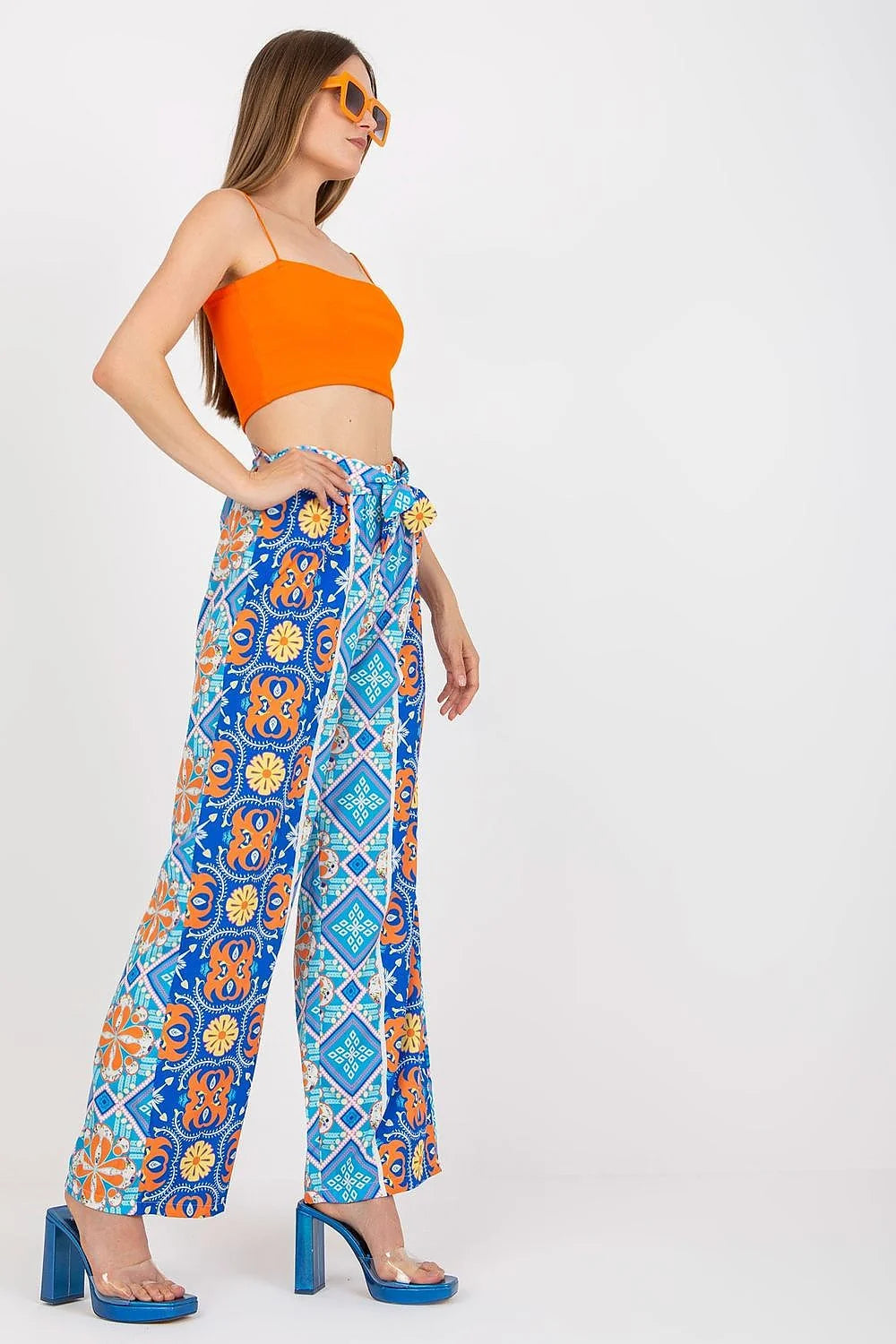 Pantalon femme Italy Moda haute taille jambes larges elastique lien design floral geometrique vert rose bleu blanc summer Casual