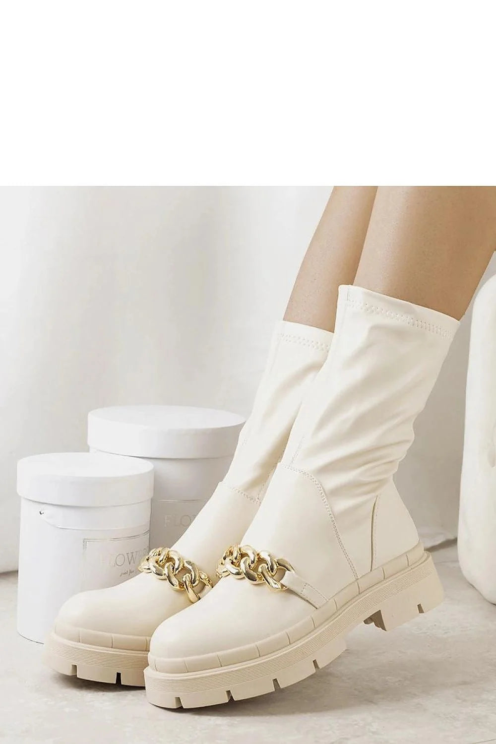 Bottines beige femmes semelle épaisse chaîne métal fourrure doublure cuir écologique style moderne tendance