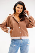 Sweatshirt bomber pour femme, style oversize, couleur marron clair, coton élasthanne, capuche, finitions rayées, taille S/M-L/XL