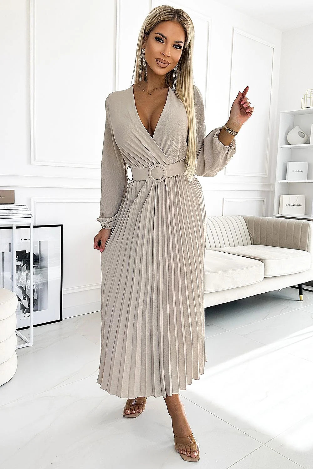 Robe cocktail Numoco design élégant longueur midi manches longues ceinture large boucle ronde tissu fluide polyester 100% production européenne femmes