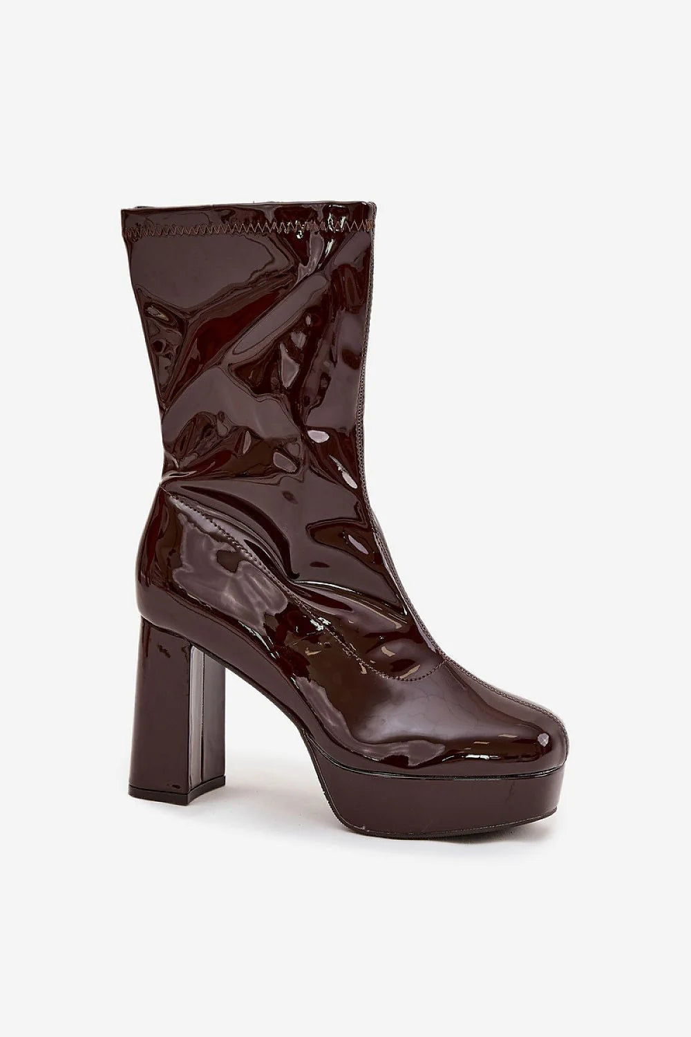 bottines femme similicuir verni brun chocolat brillant tige mi mollet bout arrondi fermeture eclair laterale plateforme talon bloc epais