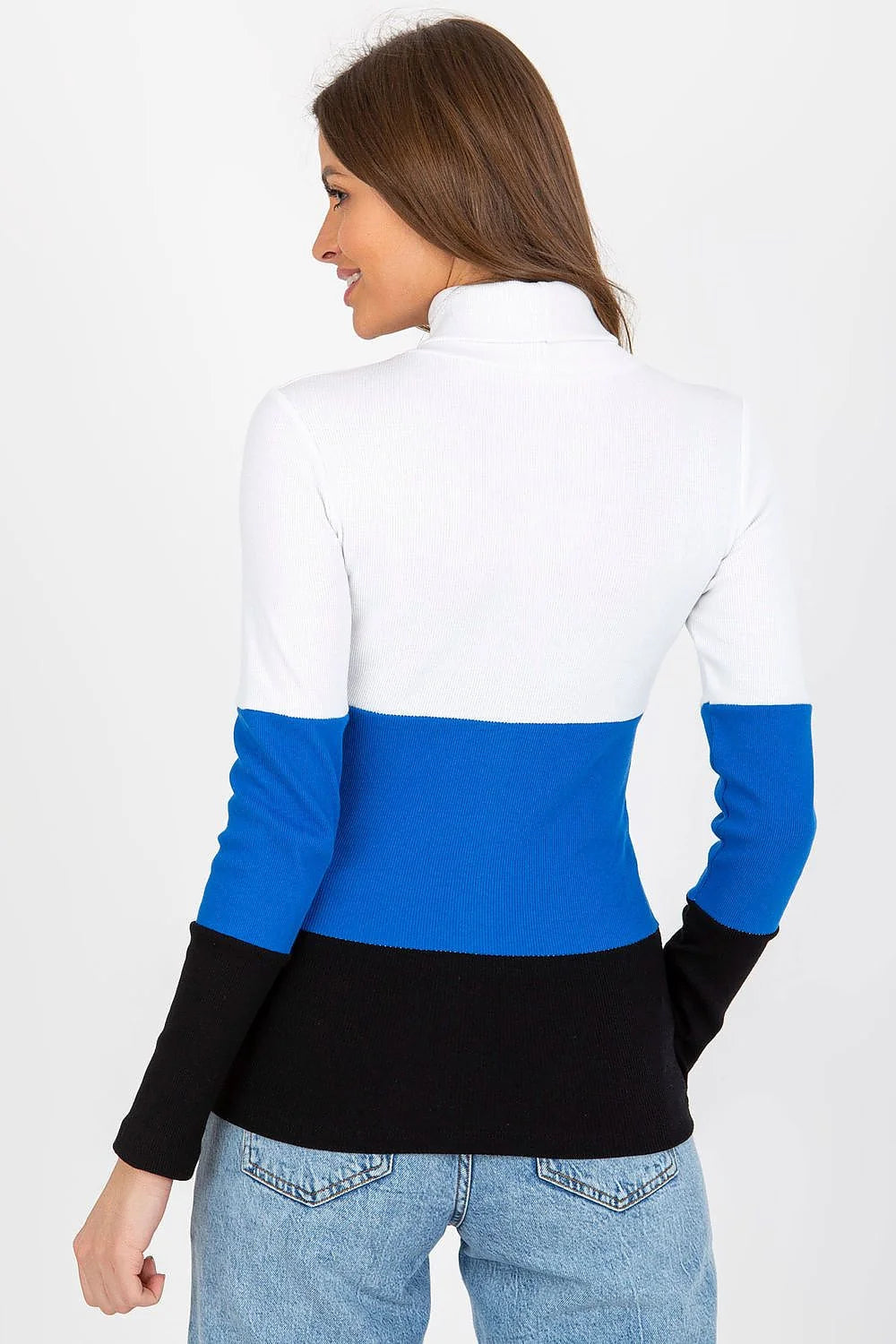 Pull col roulé multicolore maille côtelée coton élasthanne bleu rose vert ajusté manches longues ourlets nets design moderne