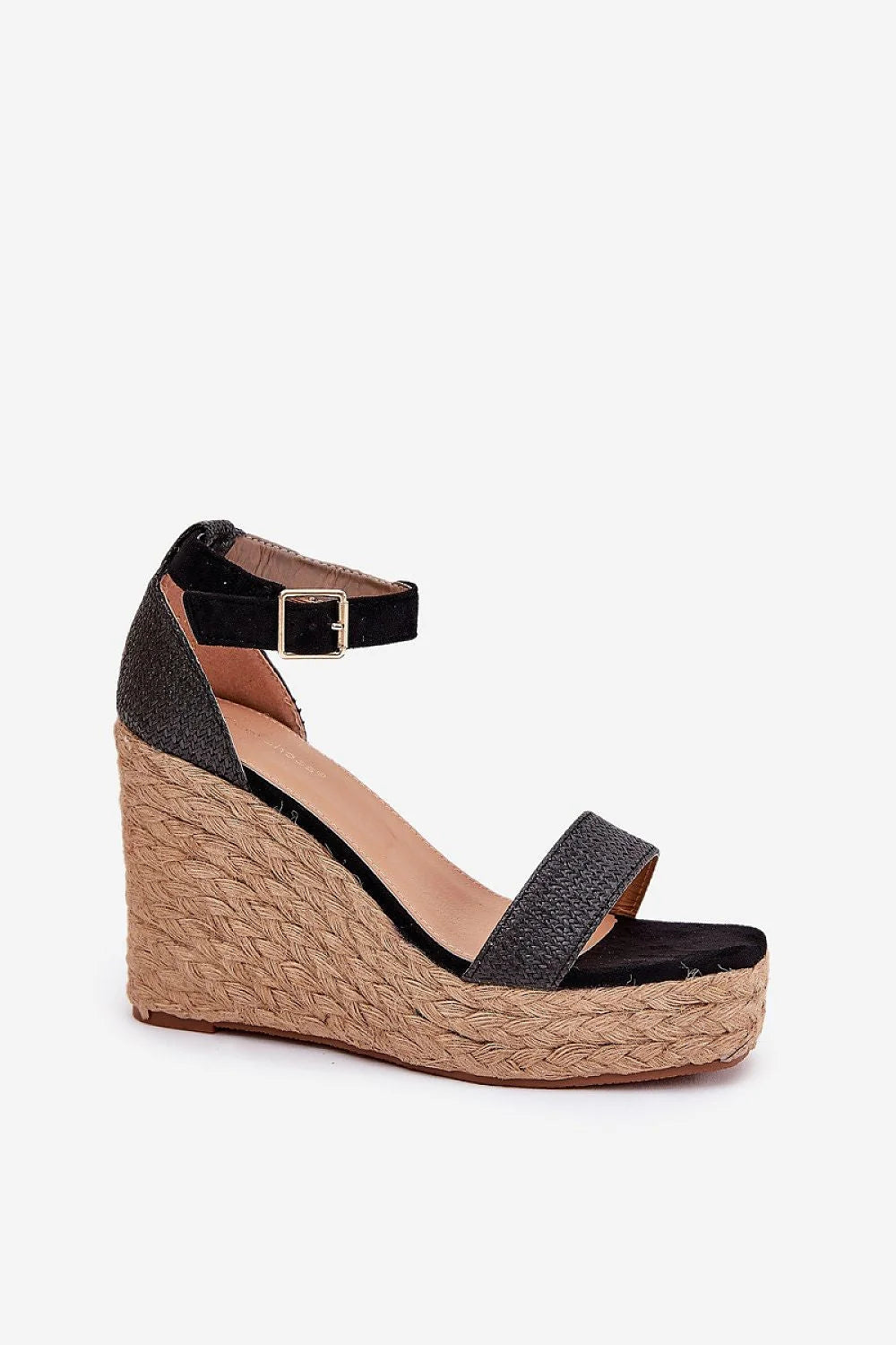 sandales femme tressées compensées espadrille noir boucle dorée bride cheville réglable talon couvert corde jute confortable élégant