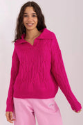 Pull-over Chandail AT pour femme style moderne couleur rose vif maille épaisse col en V manches longues poignets côtelés motif torsadé coupe ample épaules tombantes occasions variées