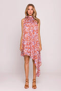 Robe d'été élégante pour femme tissu léger motif floral terracotta bleu lavande coupe ample asymétrique col montant halter décolleté sans manches occasion semi-formelle