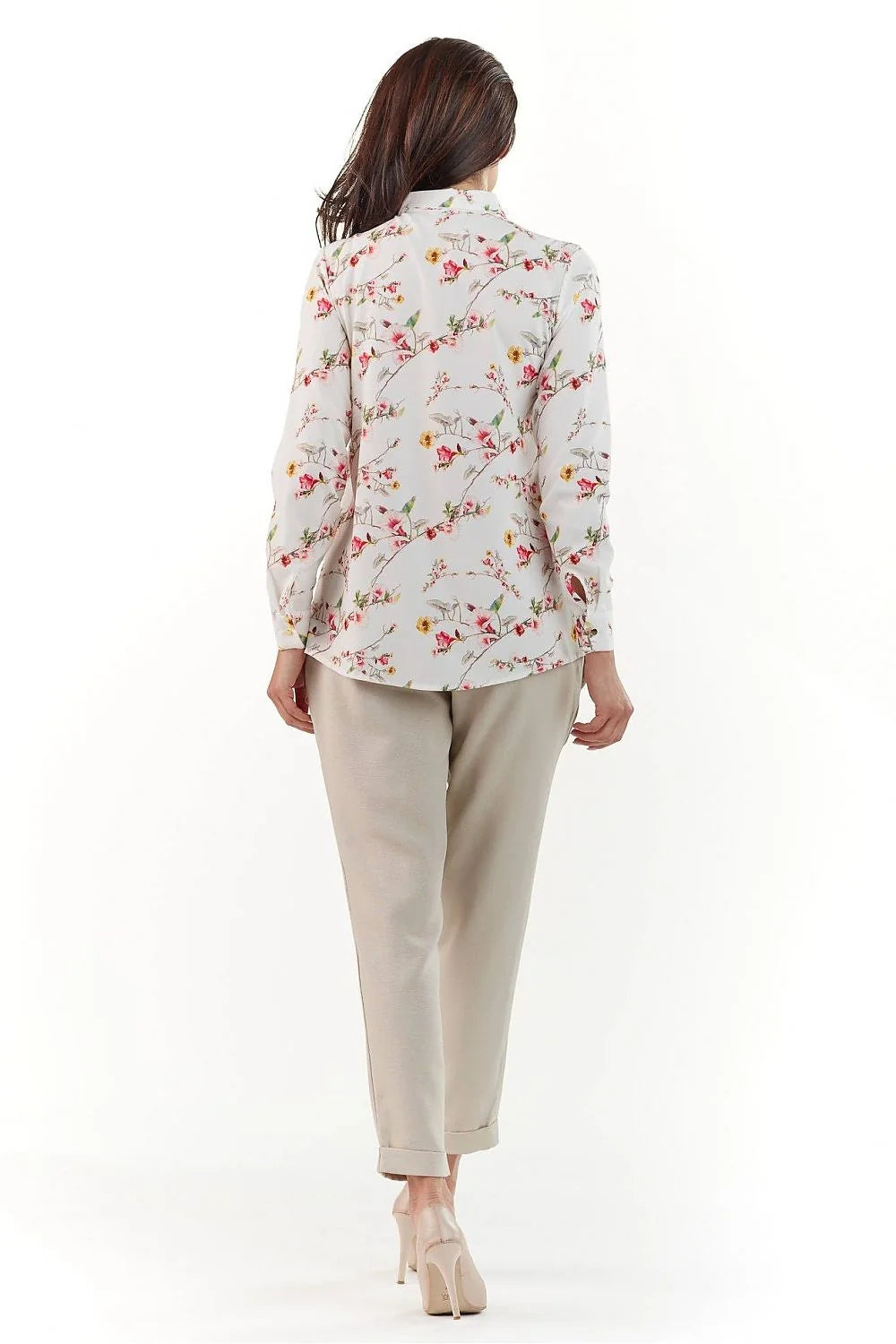 Ensemble blouse chemise manches longues tissu léger floral chic pantalon beige décontracté pour femmes élégantes