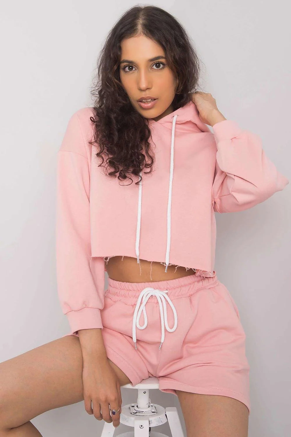 Ensemble Ex Moda pour femme, hoodie court et short assorti, style décontracté, rose pâle, coton 70% polyester 30%