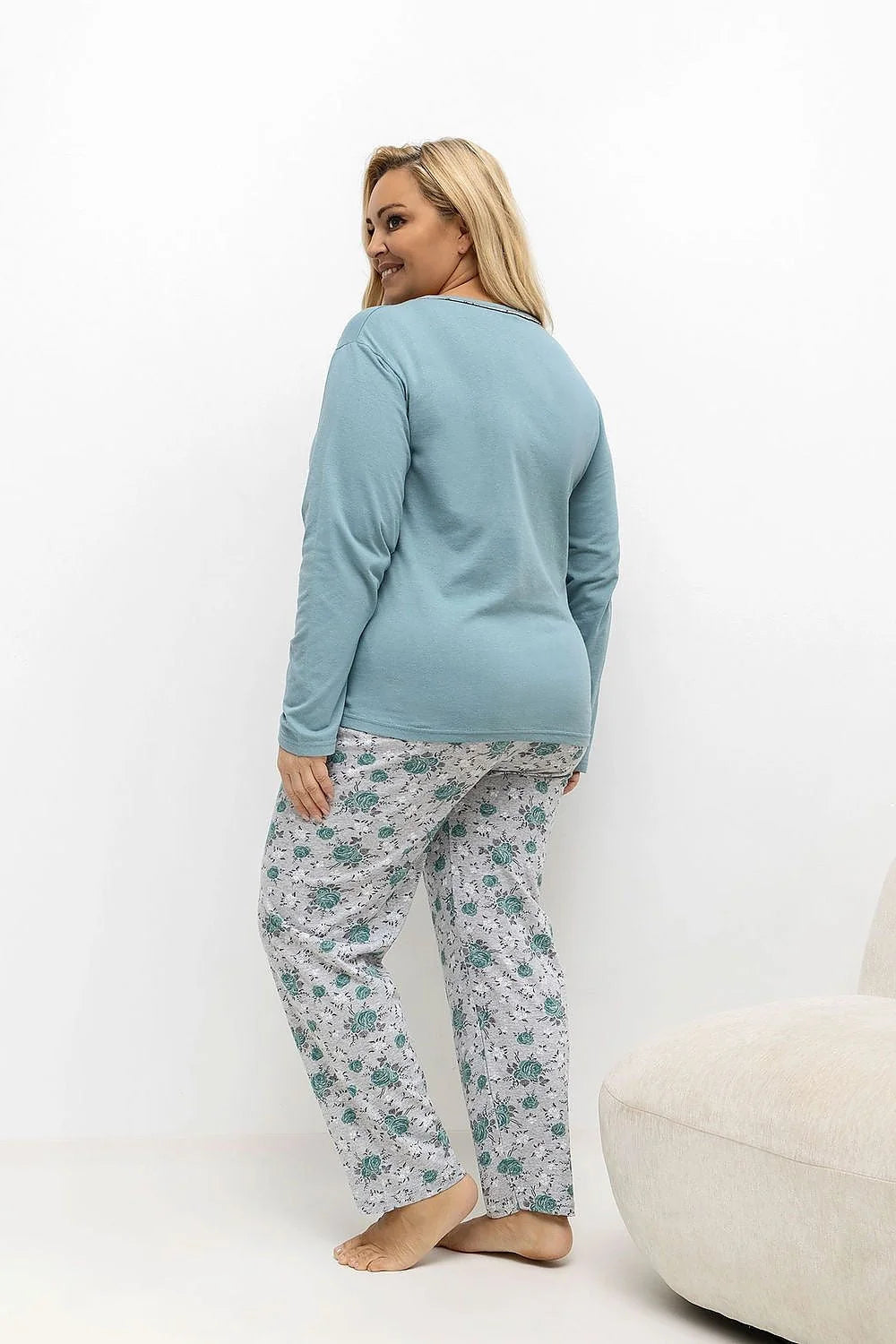 pyjama femme grande taille confortable coton haut manches longues col rond patte boutons dentelle pantalon long élastique imprimé floral sauge