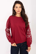 sweatshirt femme bordeaux col rond coupe décontractée épaules tombantes manches bouffantes broderies linéaire blanche molleton léger coton élasthanne confort quotidien