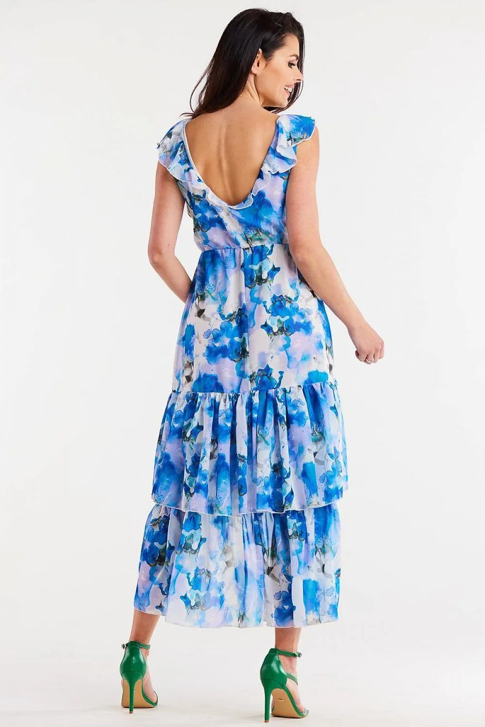 Robe élégante en mousseline imprimé floral bleu blanc violet asymétrique volants élastique taille ajustable femme