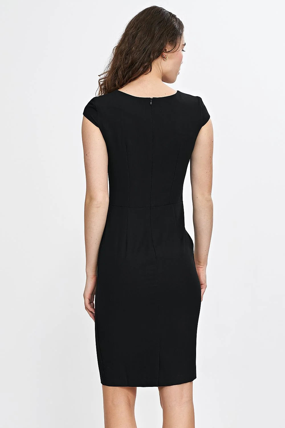 Robe de jour élégante ajustée encolure V manches courtes jupe crayon longueur genoux robe noire intemporelle femmes