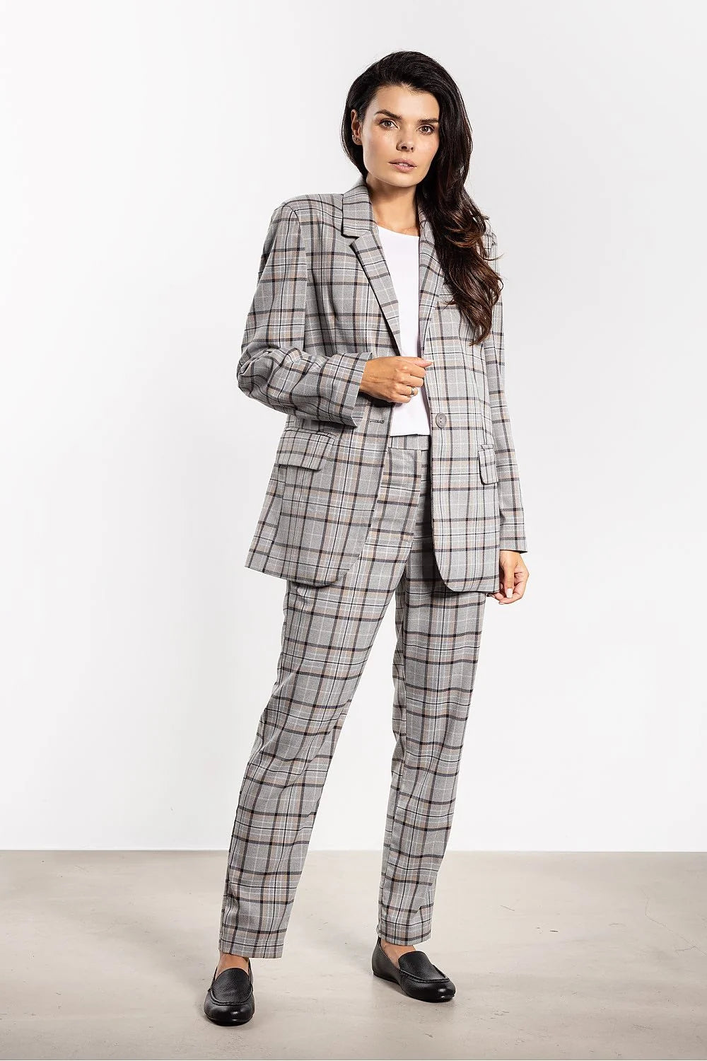 pantalon femme tailoring carreaux princegalles gris fineslignes camel anthracite coupe droite cheville taillemihaute pocheslatérales fermeturefrontale tissu lainé stretch confortable
