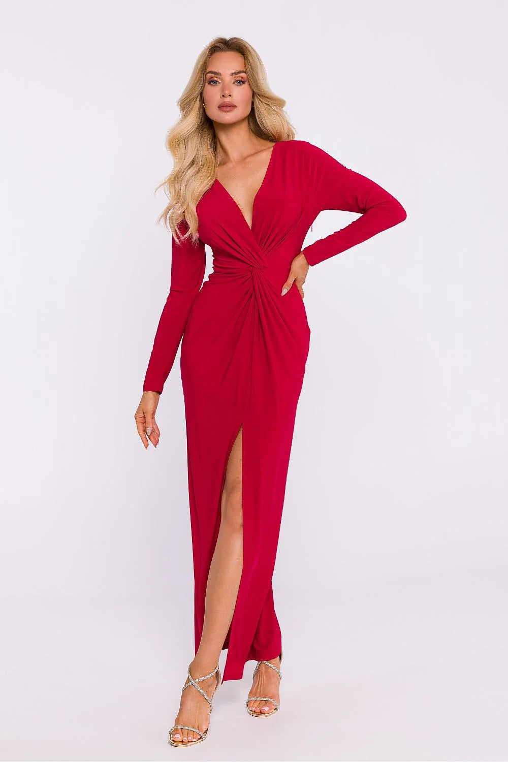 Robe longue élégante soirée maille extensible décolleté V profond manches longues noeud décoratif fente haute plis dos nu couleur rouge vif femme