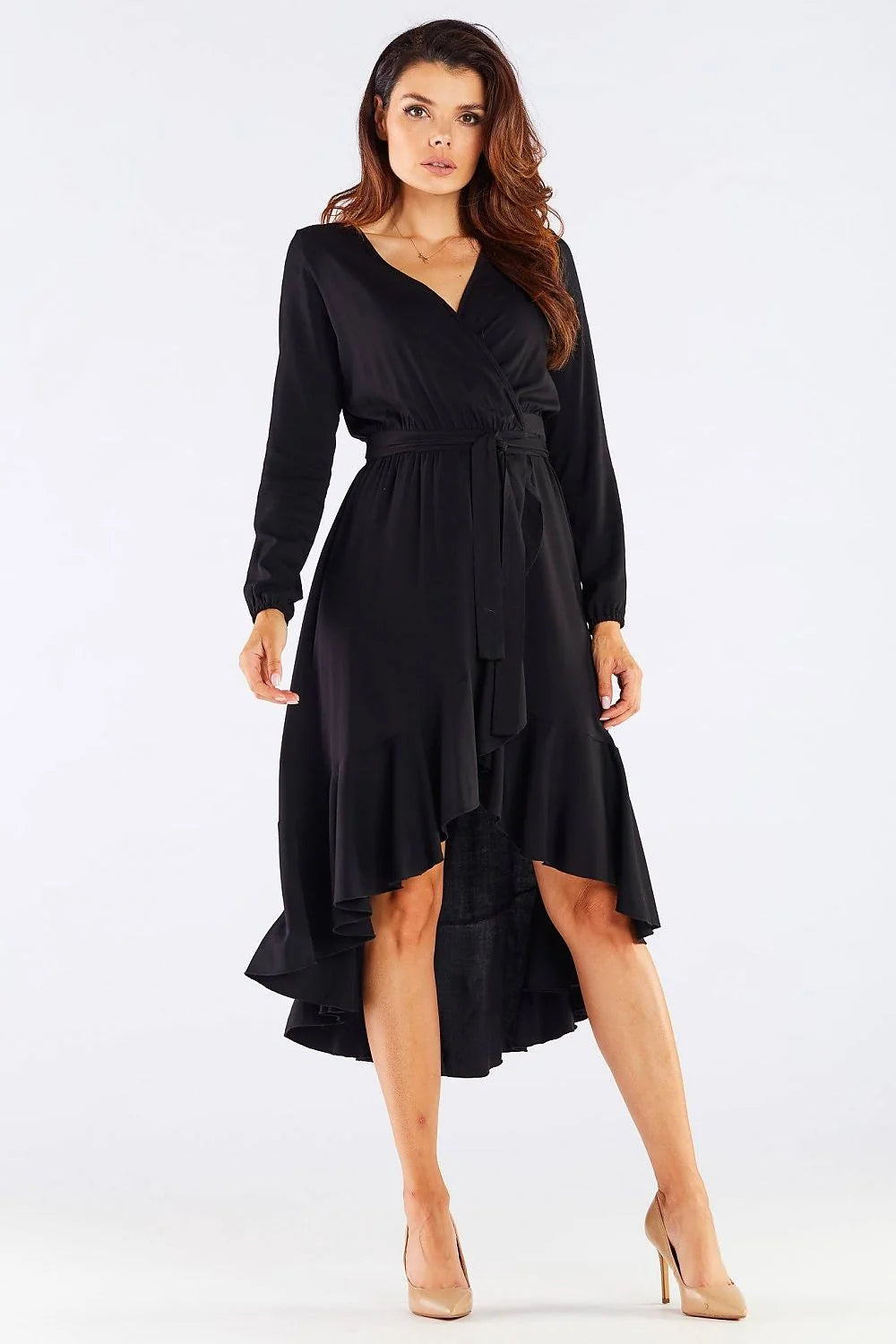 robe cocktail élégante viscose bordeaux portefeuille midi cintrée ceinture intégrée manches longues asymétrique volants cascade ourlet fluide léger