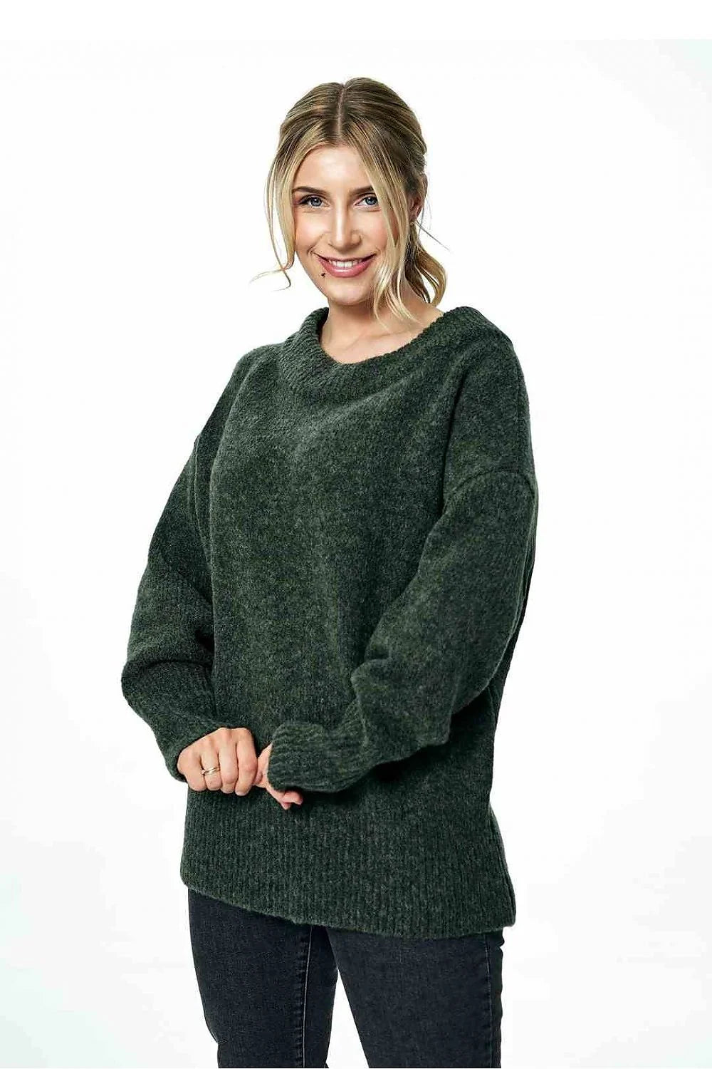 Pull ample pour femme en laine acrylique et polyester, rose pastel, manches longues côtelées, col rond, style classique, doux et confortable