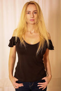 Chemisier féminin en viscose élasthanne style épaules nues manches volants deep black coupe ajustée femme occasion jour nuit