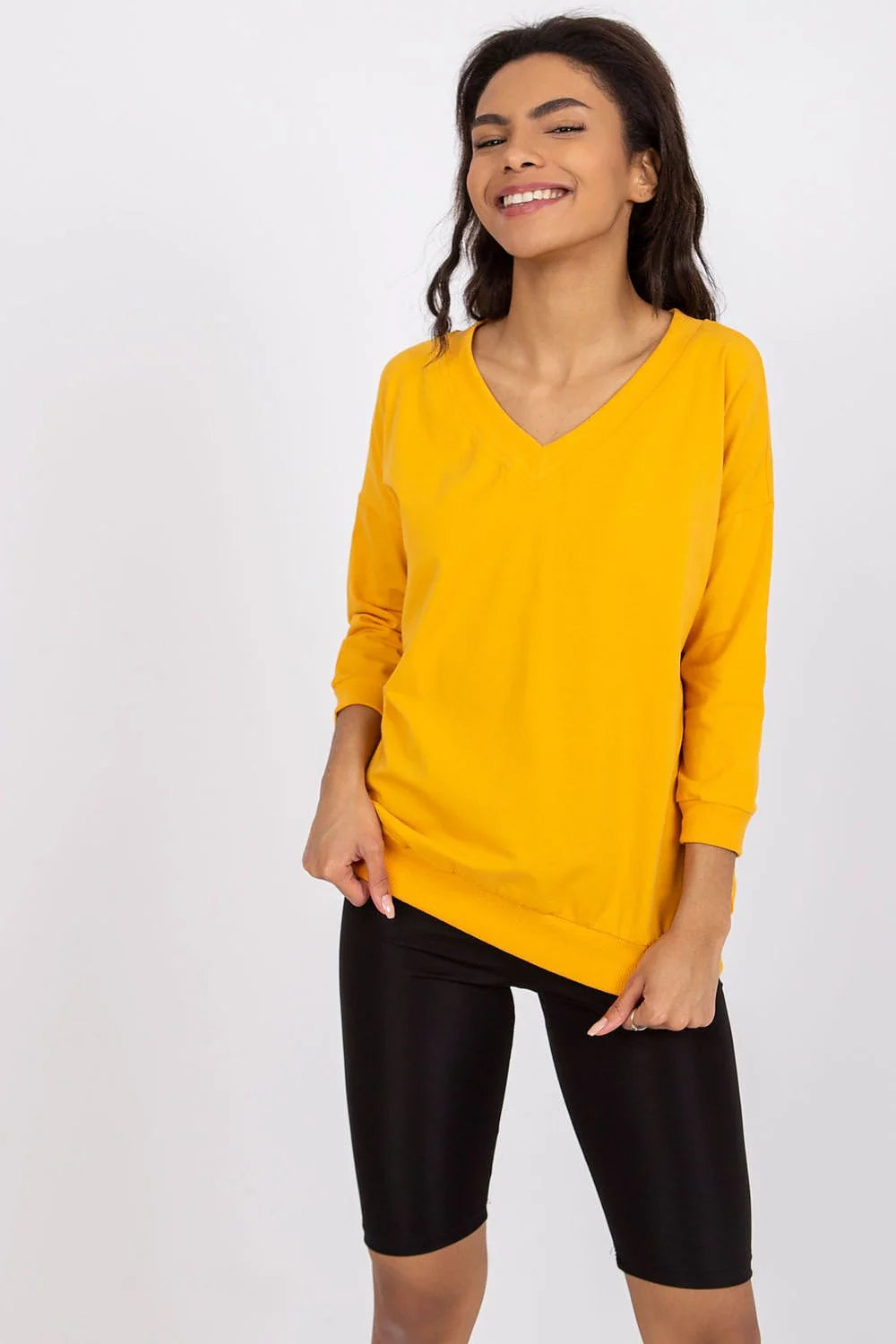 Chemisier femme style moderne manches longues col V coton elastane jaune vif taille ajustableemode été