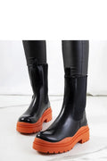 bottes Solea chelsea cuir synthétique noir mi mollet tige haute structurée semelle orange vif plateforme crantée chunky urbain