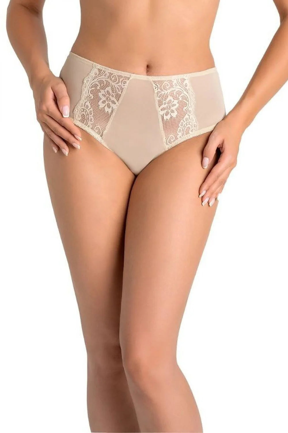 culotte rétro taille haute maille dentelle florale beige nude microfibre extensible couvrante sculptante gousset confortable finitions festonnées maintien léger discret