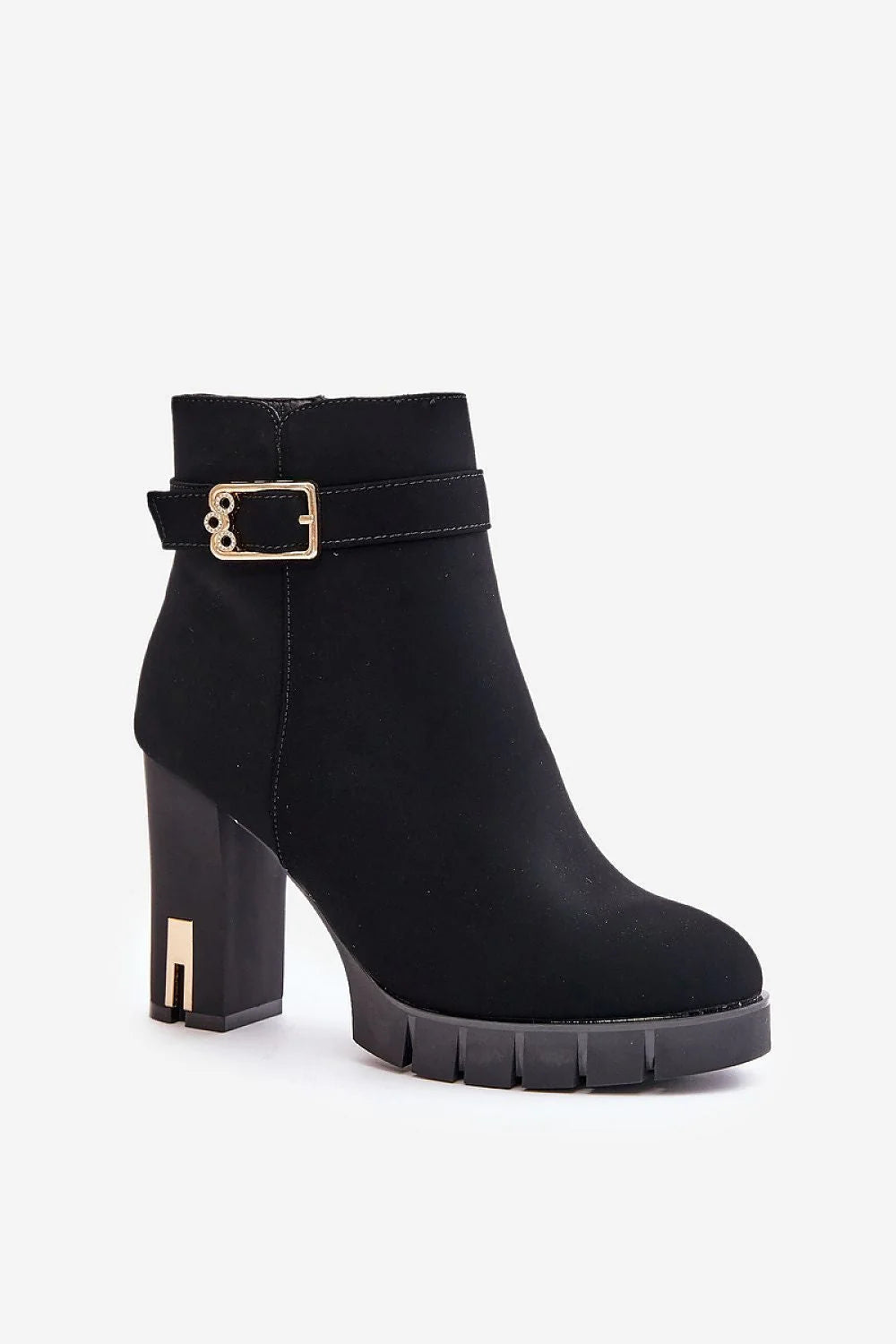 Bottines femmes élégantes éco-cuir noir talon pilier 10cm sangle dorée fermeture éclair taille 36-40