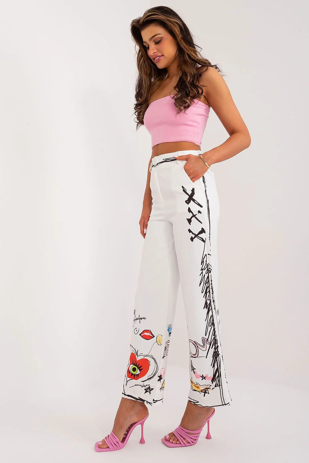Pantalon femme Italy Moda design artistique coupe ample taille haute motifs colorés polyester confortable