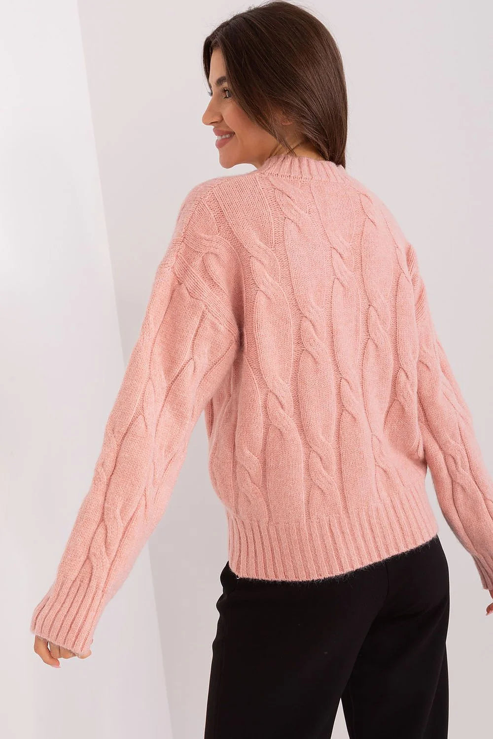 Chandail féminin col rond manches longues maille torsadée rose pastel laine douce automne hiver confort élégance