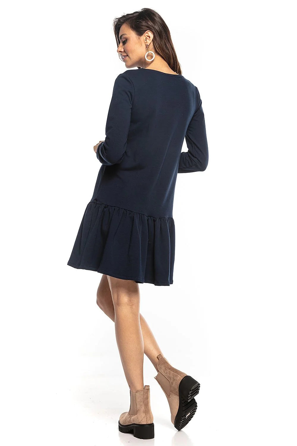 robe Tessita jersey extensible kaki olive courte manches longues encolure V coupe droite évasée volant froncé ourlet confortable quotidien chic