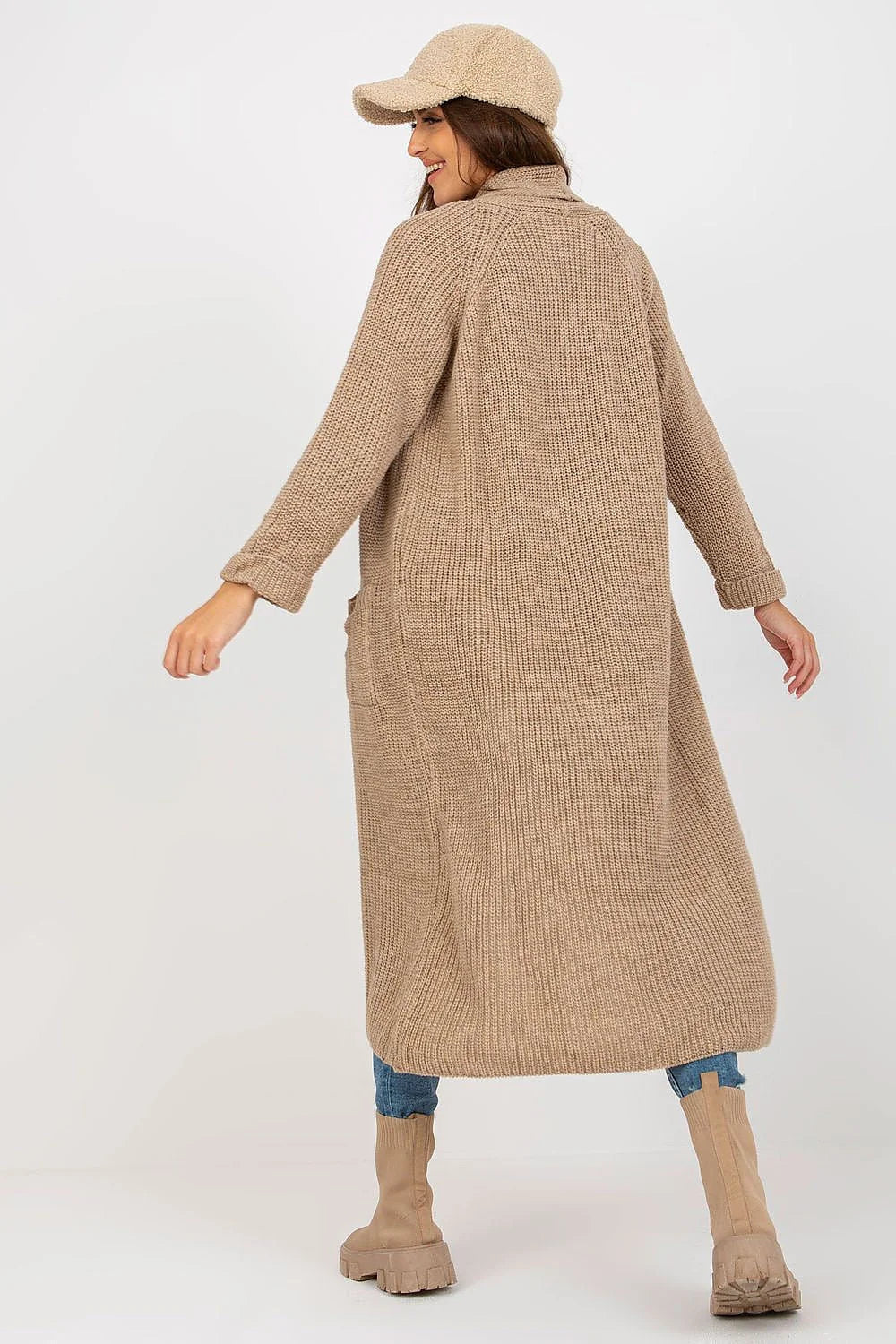 Cardigan long Och Bella maille acrylique 70 laine 30 sans fermeture manches longues poches glissière grise beige noir urban casual tendance