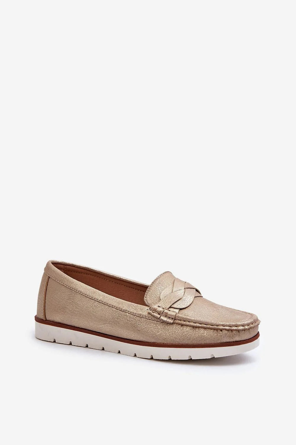 mocassins femme dorés métallisés cuir synthétique mors tressé surpiqûres semelle épaisse profil compensé confort coupe basse bout rond