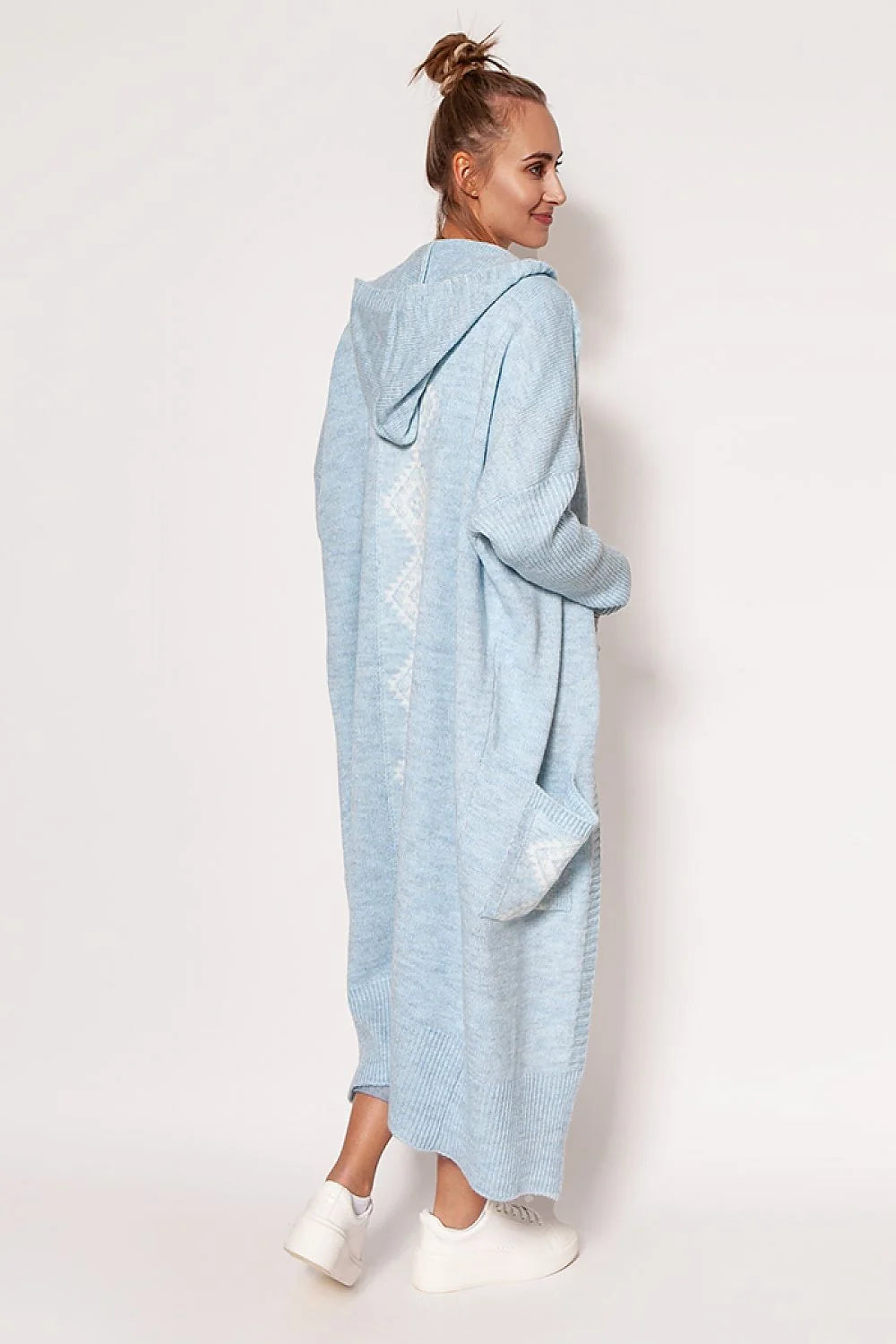 Cardigan pour femme en acrylique et laine, style décontracté, capuche et poches, longueur totale 120 cm