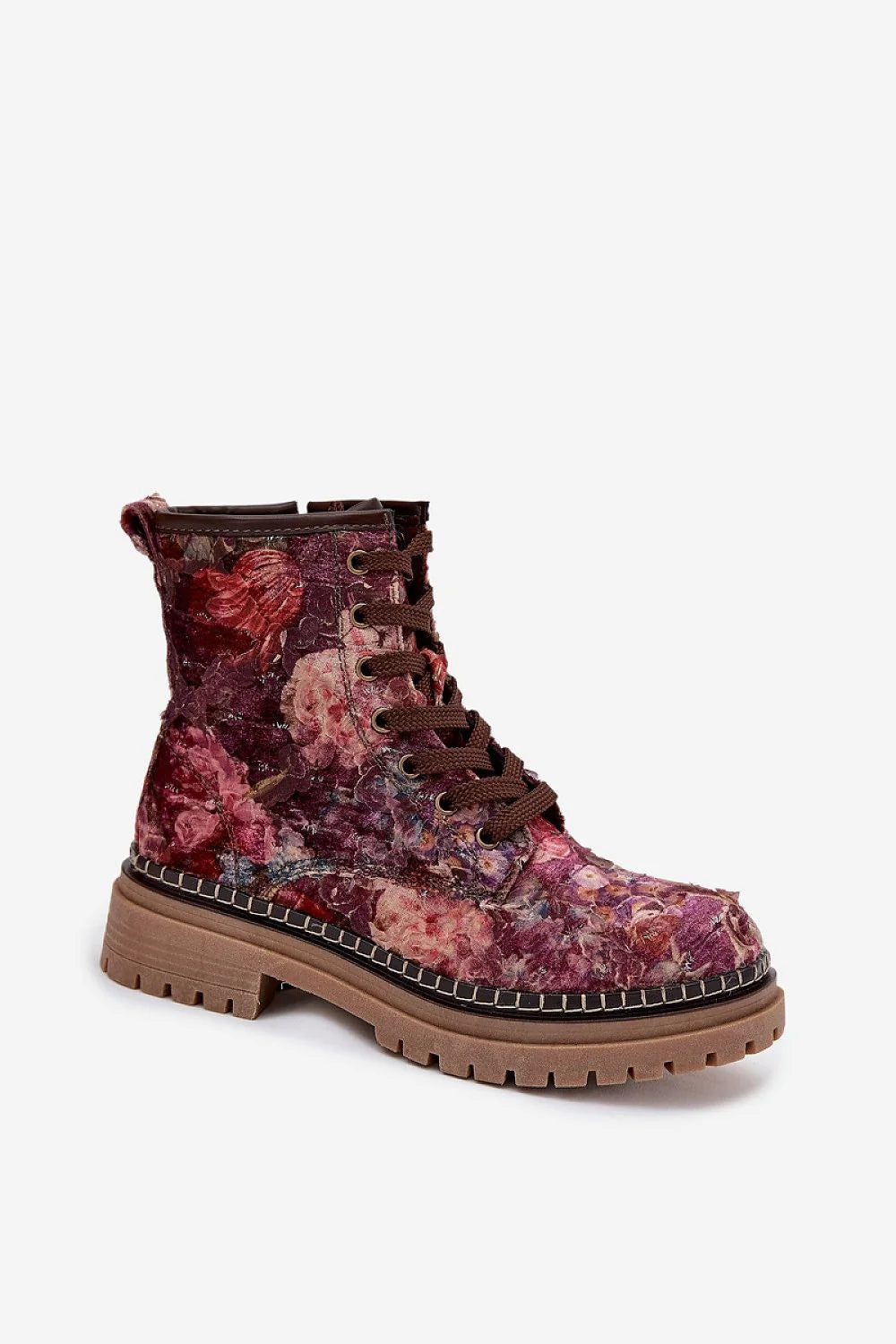 bottines montantes Artiker velours floral bordeaux rose violet bohème chic lacets fermeture éclair plateforme semelle crantée